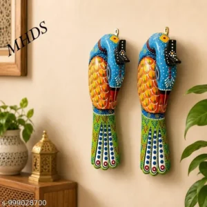 Set Of 2 Handcrafted Colourful Wooden Peacock For Wall Decor Decorative Wall Hanging Indian Folk Art Green Orange