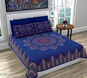 Jaipuri Cotton Double Bed Sheet With 2 Pillow Covers - Blue Floral