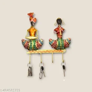 Tribal Couple Metal Key Holder Handpainted Wall Art With 4 Hooks 11x2x12 Inches