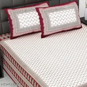 Jaipuri Printed Cotton Double Bedsheet With 2 Pillow Covers - White Maroon