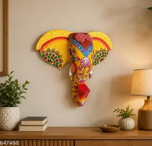Colour Full Handi Craft Wooden Elephant Face For Wall Decor Ganpati Face Decorative Wall Hanging Yellow With Multiple Colours Design Rose Painting Wall Mask Wall Decor Thanks Giving Indian Folk Art 10 Inch Height Home Decor