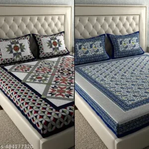 Jaipuri Cotton Two Double Bedsheets With 4 Pillow Covers - Blue
