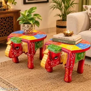 2 Handi Craft Wooden Elephant Stool Hahti Stool Decorative Side Table Indian Folk Art Red With Multiple Colours Design Rajasthani Bajot Wooden Puja Chowki Multiple Use Wooden Desk In Elephant Figurine Wooden Stool Thanks Giving 6 Inch Height And 8 Inch Length Home Decor Set Of 2
