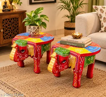 2 Handi Craft Wooden Elephant Stool Hahti Stool Decorative Side Table Indian Folk Art Red With Multiple Colours Design Rajasthani Bajot Wooden Puja Chowki Multiple Use Wooden Desk In Elephant Figurine Wooden Stool Thanks Giving 6 Inch Height And 8 Inch Length Home Decor Set Of 2