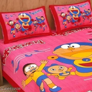 Jaipuri Cotton Double Bed Sheet With 2 Pillow Covers - Pink Cartoon