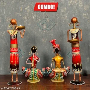 Combo Of 4 Handcrafted Rajasthani Iron Musician Tribal Lady T-Light Holders Ethnic Table Decor