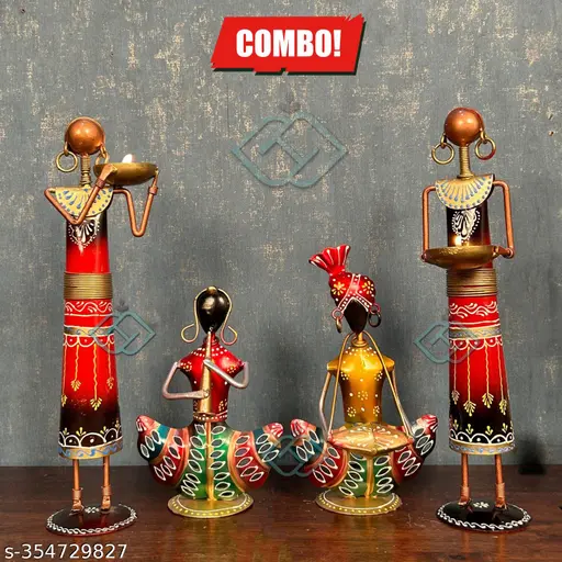 Combo Of 4 Handcrafted Rajasthani Iron Musician Tribal Lady T-Light Holders Ethnic Table Decor
