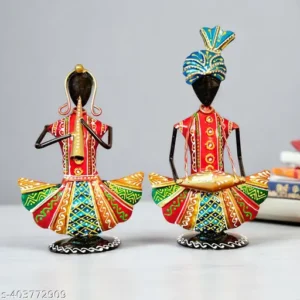 Rajasthani Musician Showpiece Set 9 Inch Hand Painted Iron Folk Art Decor Dholak Shehnai Music Theme Set Of 2 Red Edition