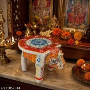 Colour Full Handi Craft Wooden Elephant Stool Hahti Stool Thanks Giving White With Multiple Colours Design Decorative Side Table Woooden Puja Chowki Rajasthani Bajot Mango Wood Indian Art Style Multiple Use Desk In Elephant Figurine 6 Height And 8 Inch Length Home Decor