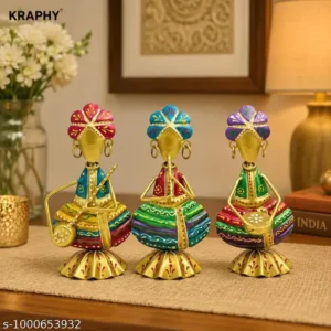 Handcrafted Metal Musician Showpiece Set Of 3 Sitting Rajasthani Folk Art Figurines Multicolor Handmade Home Office Decor Decorative Gift Item