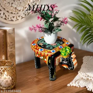 Handi Craft Wooden Elephant Stool For Living Room Bed Room Puja Chowki Mango Wood Black With Multiple Colours Design Decorative Side Table Woooden Bajot Indian Folk Art Indian Folk Art Thanks Giving Fine Painting 6 Inch Height Home Decor