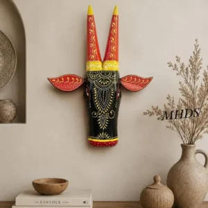 Hand Crafted Wooden Cow Face Head For Wall Hangings Black Yellow Gold With Multiple Colours Design Indian Folk Art Woooden Cow Figurine Size 12 Fine Painting Wall Mask Mango Wood Use Wall Decor