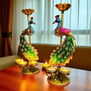 Handcrafted Metal Peacock Candle Holder Set Home Temple Decor