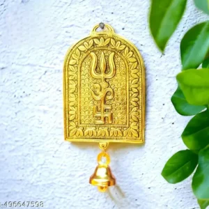 Metal Om Trishul Swastik Trishakti Yantra Doorwall Hanging For Home Office Shops 55X35 Inchgold