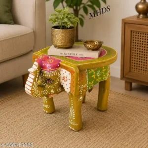 Handcrafted Wooden Elephant Stool Decorative Side Table Indian Folk Art Puja Chowki Multiple Colours Design Rajasthani Bajot Hathi