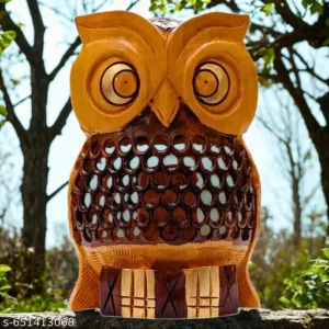 4 Wooden Carving Undercut Jali Work Owl Statue Beautiful Animal Figurines Showpiece Gifts for Home Decoration Brown