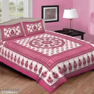 Jaipuri Printed Cotton Double Bedsheet With 2 Pillow Covers - White Pink Floral