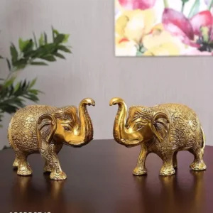Metal Elephant Statue Medium Size Gold Polish 2 Pcs Set For Showpiece Decorative Showpiece Figurines For Home Office Table