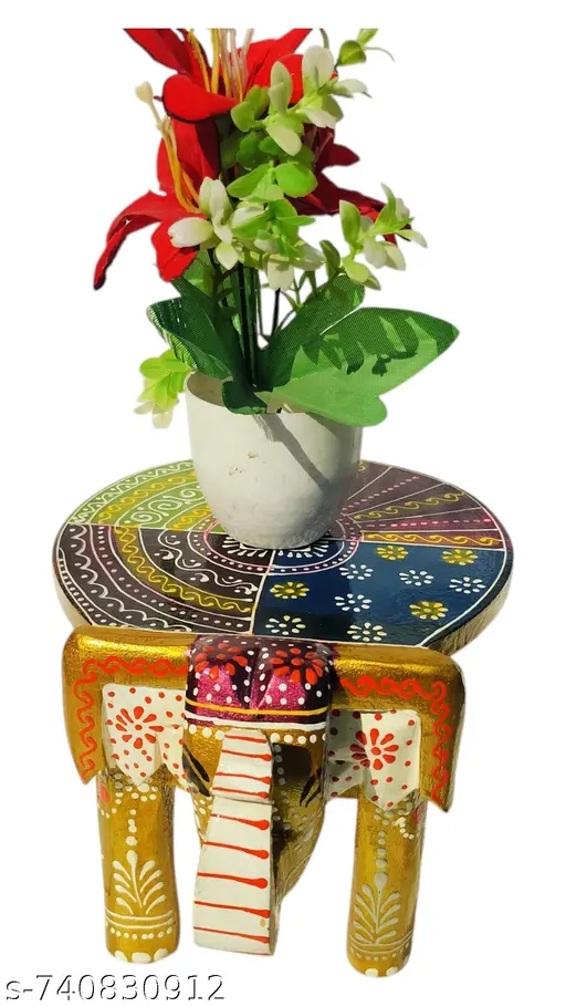 Handi Craft Colour Full Wooden Elephant Stool Hathi Stool For Home Decor Glass Paint In Gold Colour Multiple Colours Amboj Puja Article Mango Wood 6 Inch Height Living Room Bed Room