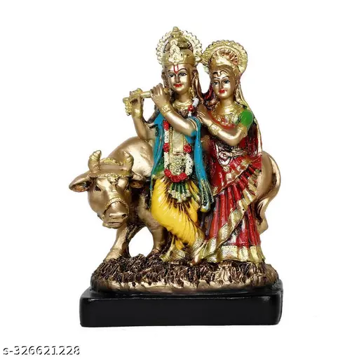 Radha Krishna Idol With Cow Statue Shree Radha Krishan Murti For Home Temple Pooja Mandir Lord Krishna Playing Flute With Radha Idol Hindu God Radha Krishna Cow Idol Murti For Janmashtami Diwali Housewarming Wedding Religious Gift 10 Inch