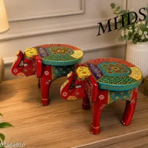 2 Handicraft Wooden Elephant Stool Hathi Stool Red White With Multiple Colours Design In Antique Look Indian Folk Art Decorative Side Table Thanks Giving Wooden Puja Chowki Wooden Bajot Multiple Use Desk In Elephant Figurine 8 Height And 11 Inch Length Home Decor Set Of 2