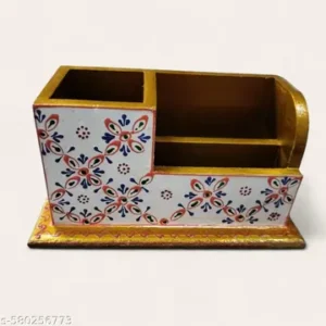 Decorative Wooden Desk Organizer Pen Holder Brown And White Floral Pattern Design 3 Compartment Storage Box Vintage Style