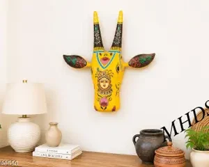 Handicraft Wooden Cow Face Head For Wall Decor Yellowgold With Multiple Colours Design Lord Krishna Painting Foldable Ear Wall Mask Wall Hanging Wooden Wall Cow Head Thanks Giving Indian Folk Art Mango Wood Fine Painting 14 Height Home Decor Indian Handicraft