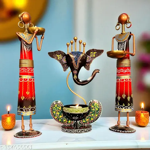 Ganesha T Light Combo Iron Tribal Lady Showpieces Ladies Doll Figurine Statue Decorative Items