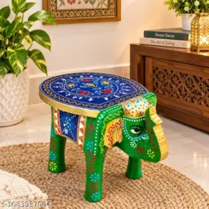 Colourful Handi Craft Wooden Elephant Stool Hahti Stool Decorative Side Table Rajasthani Bajot Green Gold With Multiple Colours Design Indian Folk Art Style Thanks Giving Wooden Puja Chowki Hand Painted Design Multiple Use Desk In Elephant Figurine 6 Inch Height And 8 Inch Length Home Decor