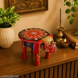 Colourful Handcrafted Wooden Elephant Stool Hathi Stool Decorative Side Table Red With Multiple Colours Design Wooden Puja Chowki