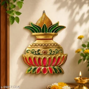 The Craft Manthan Premium Metal Kalash Wall Hanging For Home Decor Traditional Meenakari Mangal Kalash Vastu Showpiece For Main Entrance Mandir 18x14 Cm