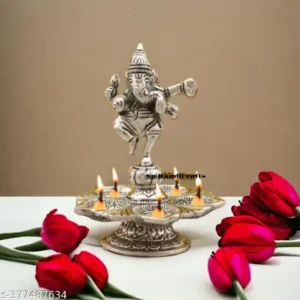 Five Diyas Curved Dancing Ganesh Idol For Puja And Home Decoration Aluminum
