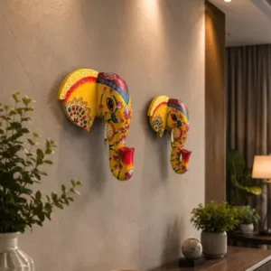 2 Colourful Handi Craft Wooden Elephant Figurine For Wall Decor Wooden Gandpti Face Elephant Soond Yellow Gold With Multiple Colours Design Indian Folk Art Thanks Giving Wall Mask Decortive Wall Hanging 10 Inch Height Set Of 2 Home Decor