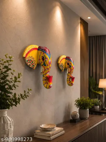 2 Colourful Handi Craft Wooden Elephant Figurine For Wall Decor Wooden Gandpti Face Elephant Soond Yellow Gold With Multiple Colours Design Indian Folk Art Thanks Giving Wall Mask Decortive Wall Hanging 10 Inch Height Set Of 2 Home Decor