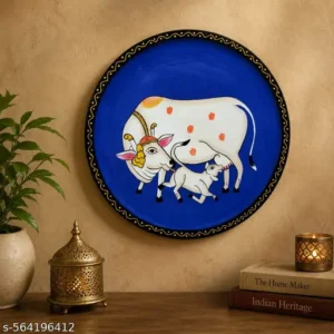 Handcrafted Decorative Wall Plate With Cow And Calf Design Blue And White Traditional Indian Art Wooden Wall Frame