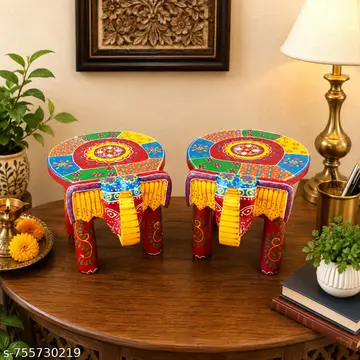 2 Colourful Handicraft Wooden Elephant Stool Hathi Stool Red With Multiple Colours Design Decorative Side Table Thanks Giving Wooden Puja Chowki Rajasthani Bajot Multiple Use Desk In Elephant Figurine6 Inch Height And 8 Inch Length Home Decor Set Of 2