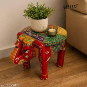 Handicraft Wooden Elephant Stool Hathi Stool Red And Multiple Colours Design Decorative Side Table Thanks Giving Rajasthani Bajot Indian Folk Art Puja Chowki 8 Inch Height And 12 Inch Length Home Decor