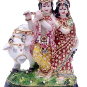 Radha Krishna Cow Idol With Flute For Home Mandir Pooja Decor Shri Radha Krishna Murti With Kamdhenu Cow Premium Stone Statue Lord Krishna Radha Idol For Temple Living Room Office Gift Ideal Religious Gift For Janmashtami Diwali Wedding Anniversary Housewarming 10 Inch