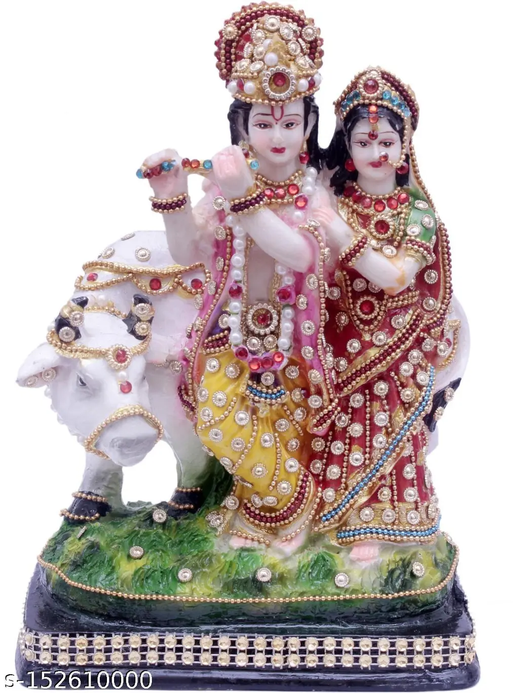Radha Krishna Cow Idol With Flute For Home Mandir Pooja Decor Shri Radha Krishna Murti With Kamdhenu Cow Premium Stone Statue Lord Krishna Radha Idol For Temple Living Room Office Gift Ideal Religious Gift For Janmashtami Diwali Wedding Anniversary Housewarming 10 Inch