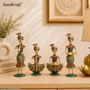 Handcrafted Metal Musical Couple Showpiece Set Rajasthani Folk Art Figurines Traditional Home Decor Multicolor Antique Finish Set Of 4