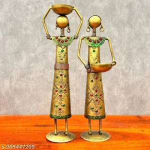 Handcrafted Golden Tribal Lady T Light Diya Holder Set 11 Inch