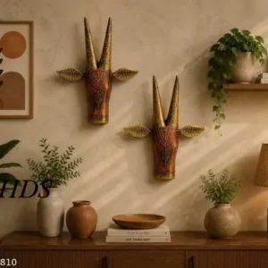 2 Hand Crafted Wooden Cow Face Head For Wall Decor Living Room Bed Roompuja Room Cooper Antique Design Mango Wood Wall Mask Thanks Giving Indian Folk Art 12 Inch Height Woooden Cow Head Face For Wall Decor Wall Decorative Cow Head Home Decor