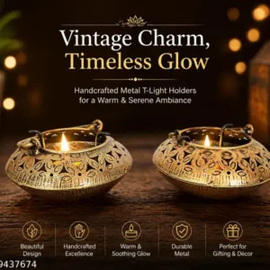 Set Of 2 Antique Brass Finish Round Iron T Light Holders 45 Inch Table Decor