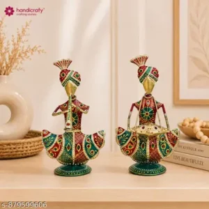 Handcrafted Metal Musical Couple Showpiece Set Of 2 Rajasthani Folk Art Figurines Traditional Home Decor Multicolor Antique Finish 9 Inch