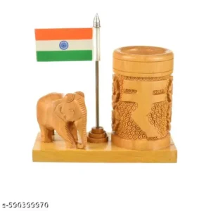 Mk Handicraft Handcrafted Wooden Pen Stand with Elephant and Indian Flag Traditional Carved Design