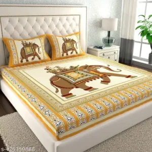 Jaipuri Cotton Bedsheet With 2 Pillow Covers - Yellow