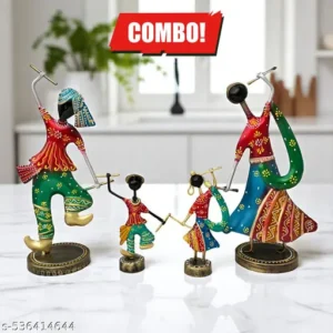 Handcrafted Tribal Dance Family Sculpture Vibrant 125 Inch Metal Art For Home Decor Set Of 4
