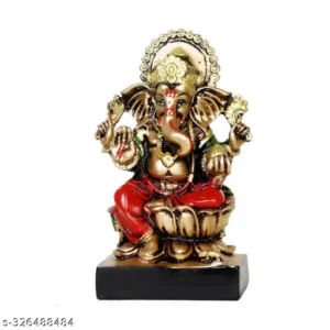 Lord Ganesha Idol For Home Temple Office Red Dhoti Ganpati Murti With Golden Crown Sitting On Lotus God Vinayaka Ganesh Statue For Pooja Mandir Living Room Decor Vastu Ganesha Idol Spiritual Gift For Diwali Ganesh Chaturthi Housewarming Festivals Antique Finished 7 Inch