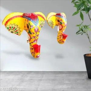 2 Handicraft Wooden Elephant Figurine For Wall Decor Mango Wood Rose Design Yellow Red Gold With Multiple Colours Design Indian Folk Art Handicrafts Wooden Elephant Face 10 Inch Height 10 Inch Length Wall Hanging Home Decor