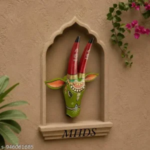 Colourful Handi Craft Wooden Cow Head Face For Wall Decor Walll Hanging Decorative Wall Mask Multiple Colours Design Wall Cow Pensil Work Indian Handi Craft Folk Art Foldable Ear Esiliye Installation On Wall 12 Inch Height Wooden Cow Statue